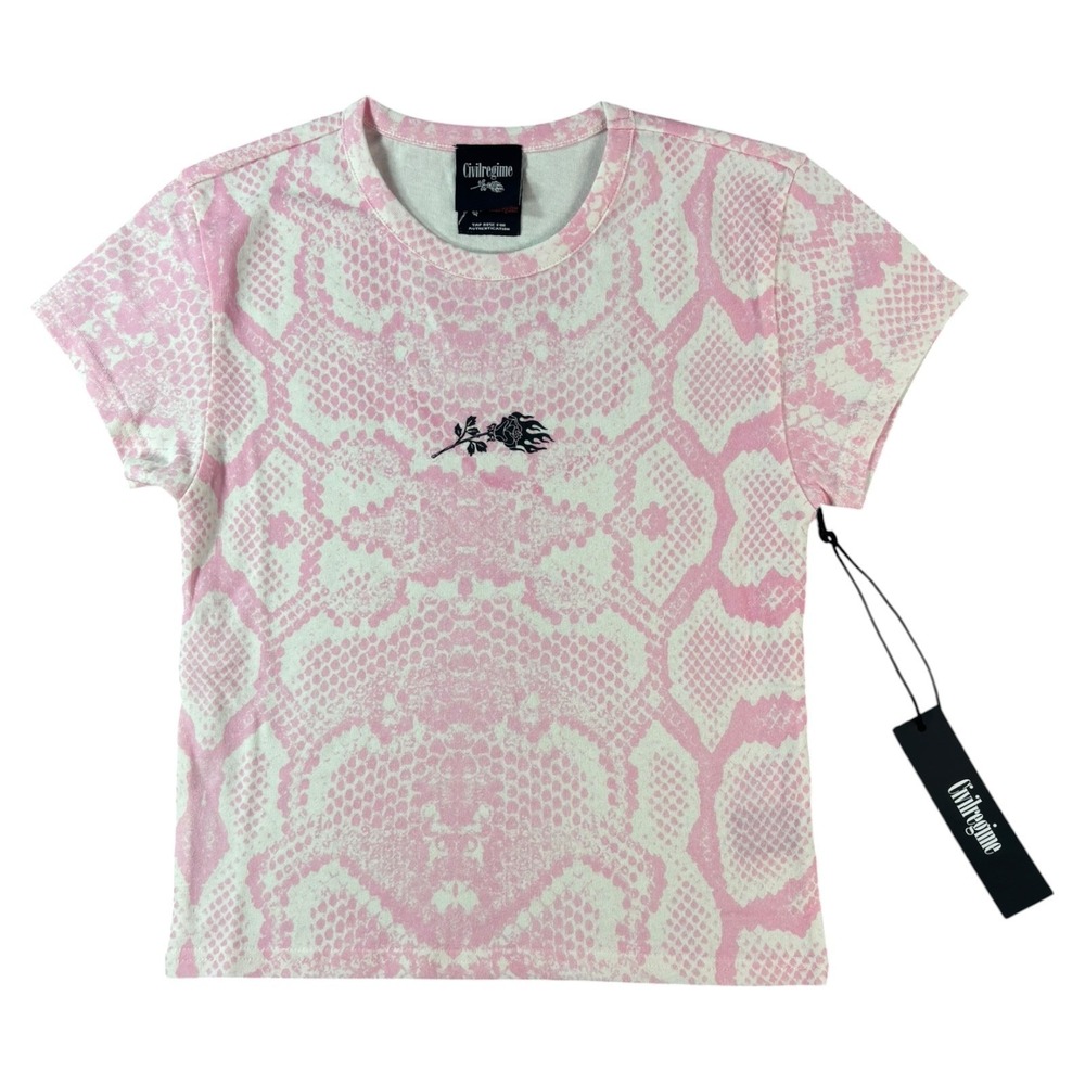 Civil Regime Cropped T Shirt Womens Large Pink Snakeskin Rose Logo Short Sleeve
